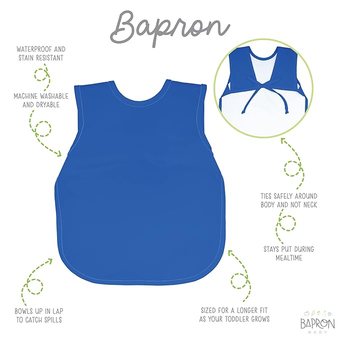 BapronBaby Minimalist Royal Blue Bapron - No Neck Tie Safer Bib for Baby & Toddler - Soft Waterproof Stain Resistant - Machine Washable - Sz Preschool 3-5yrs