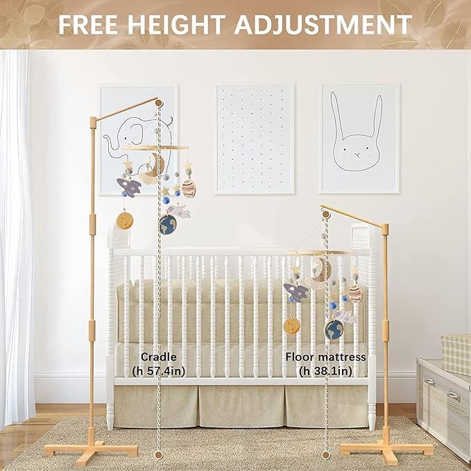 FEISIKE Baby Crib Mobile Arm, 57.4 Inch Mobile Arm for Crib Wooden Nursery Decor Hanger,Holder for DIY Mobile Baby Girl Boy,Hanging Attachment Set Upgrade Floor Stand