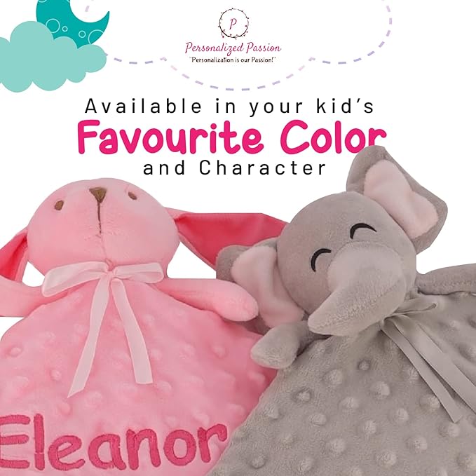 Personalized Baby Blanket Lovey with Custom Embroidered Name - Super Soft & Comfy Security Blankets for Babies - Stuffed Elephant Security Snuggle Toy - Soothing Loveys for Boys and Girls