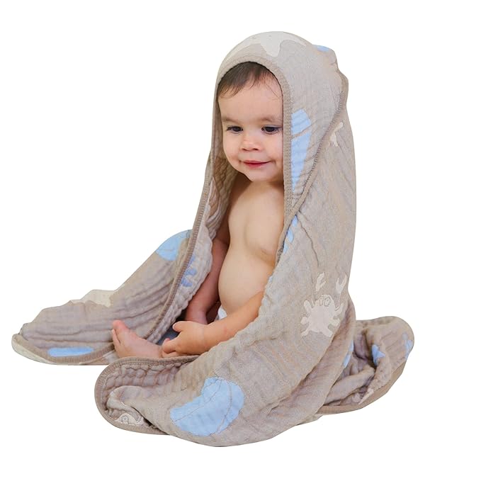 Ultra-Soft Muslin Baby Hooded Towel - 32 x 32 Inches, Ideal for Bath & Beach, Suitable for Both Boys & Girls from Newborns to Toddlers（Ocean Coffee