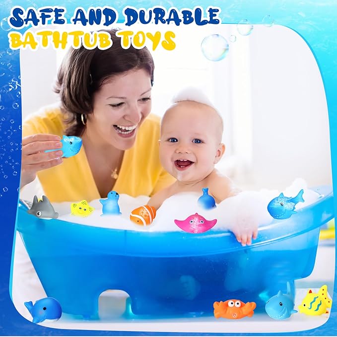 Poen 100 Pcs Rubber Bath Toys Bulk Cute Sea Animals Bathtub Toys Floating Ocean Squeaky Animals for Birthday Party Supplies Summer Pool Favors Baby Shower Classroom Carnival Prizes, 10 Styles