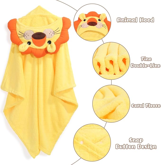 Hooded Baby Towels Boy for 0-6 Years, 50"x 32" Extra Large Toddler Bath Towels with Hood for Boys & Girls, 2-Pack Absorbent Thick Soft Gift for Kids Yellow Lion & Orange Monkey