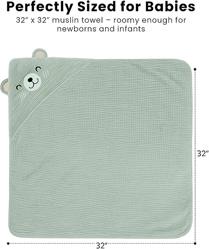 Konssy 2-Pack Muslin Baby Hooded Towels, 100% Cotton, Soft and Absorbent Baby Bath Towels for Newborn, Infant & Toddler with Animal Hooded Design(Elephant & Bear)