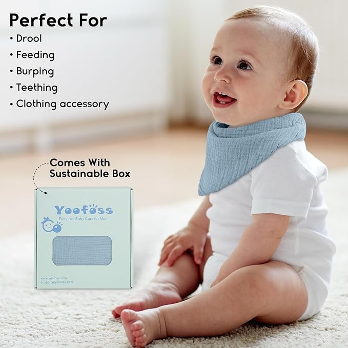 Yoofoss Muslin Baby Bibs 10 Pack 100% Organic Cotton 6-Layer Soft Absorbent Drool Bandana Baby Bibs for Drooling and Teething for Boys and Girls, Gradient Blue