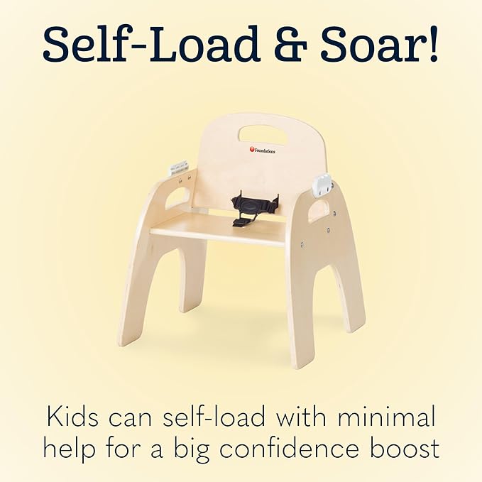 Foundations Easy Serve Low Wood Feeding Chairs Multipack, Adjustable Harness, Removable Dishwasher Safe Tray, No-Tip Base, Stackable Toddler Chairs, 2 Pack (9 inch)