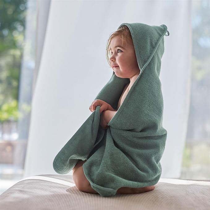 Baby Hooded Towel – Organic Cotton Baby Bath Towels, 32" x 32" Super-Soft and Absorbent Baby Towels for Newborn 2-Pack (Fog/Roman Green)