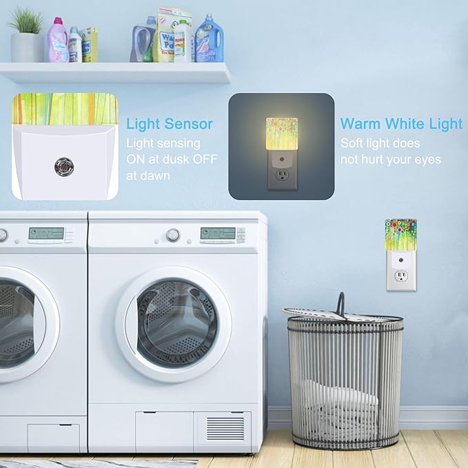 Abstract Floral Watercolor Painting Plug in Night Light with Auto Dusk to Dawn Sensor,Warm Night Lights for Boys Girls Bedroom Bathroom Hallway Kids Room Gifts