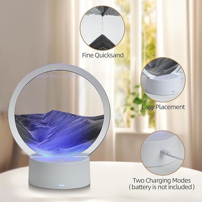 Moving Sand Art Liquid Motion, 3D Deep Sea Sandscape Color Quicksand Decor, Round Glass Moving Sand Art Picture Relaxing Desktop Home Office Work Decor (Black, 6 inch)