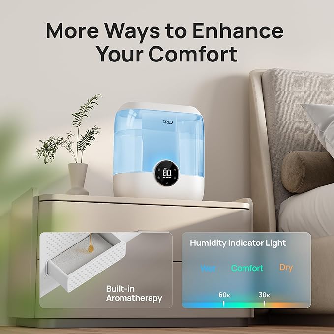 Dreo Humidifiers for Bedroom, 6L Top Fill Quiet Supersized Cool Mist Humidifier for Large Room, 60 Hour Runtime, Ultrasonic Humidifiers for Home, Baby, Plant, Indoor, Night Light, Blue