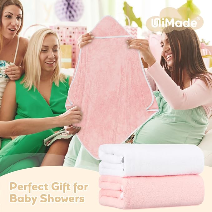 Hooded Towel for Newborn, 2 Pack Soft Coral Fleece Baby Towels, Ultra Absorbent Bath Cloths Bulk for Infants, Toddlers, Newborn Essential- 30 x 30 inch - Pink & White