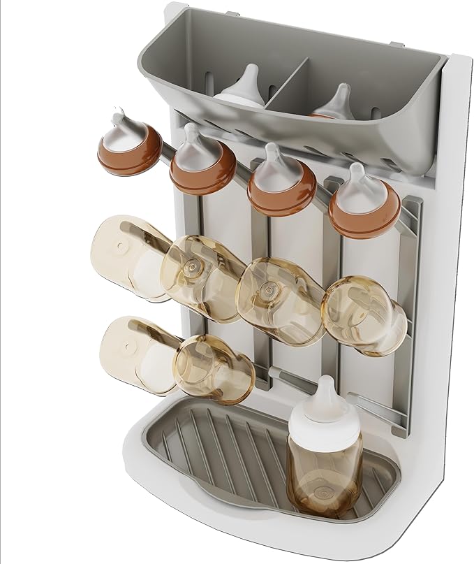 IEEK Baby Bottle Drying Rack,Space Saving Countertop Drying Rack for Baby Accessory & Pump Parts,Suction Cup Wall Mounted Bottle Rack Holder Large Vertical Drying Tower,Grey and White
