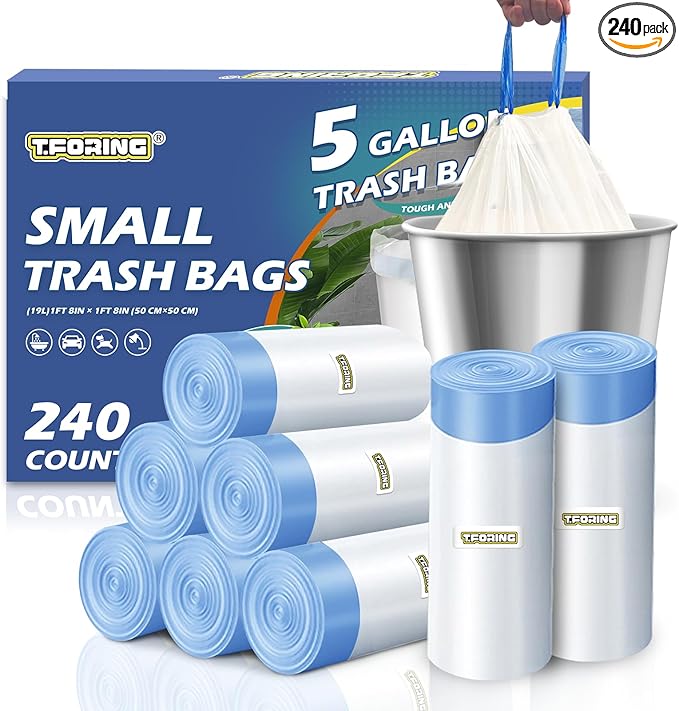 240 Count 5 Gallon Trash Bags Drawstring 1.1 Mil - 18 Liter Small Garbage Bags for Bathroom, Strong Unscented White Plastic Wastebasket Bin Liners for Kitchen Office Toilet and Bedroom