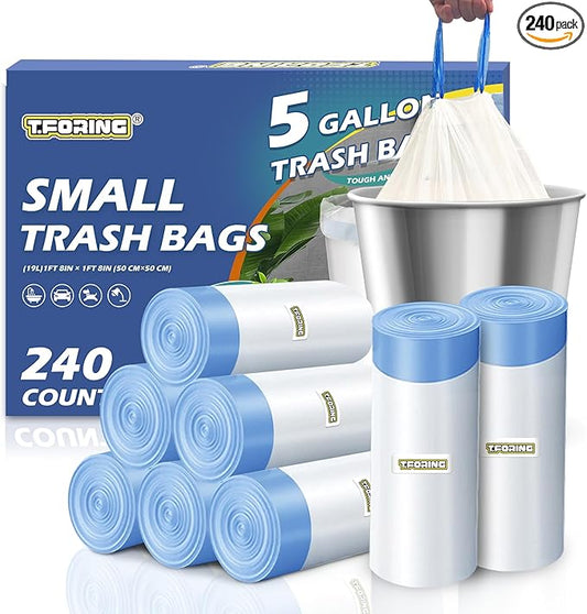240 Count 5 Gallon Trash Bags Drawstring 1.1 Mil - 18 Liter Small Garbage Bags for Bathroom, Strong Unscented White Plastic Wastebasket Bin Liners for Kitchen Office Toilet and Bedroom