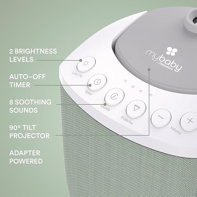 MyBaby SoundSpa Lullaby 2-in-1 Projector & Sound Machine with 8 Soothing Sounds, Adjustable Volume, Rotating Night Light Projector with 3 Calming Images, Auto-Off Timer, by Homedics