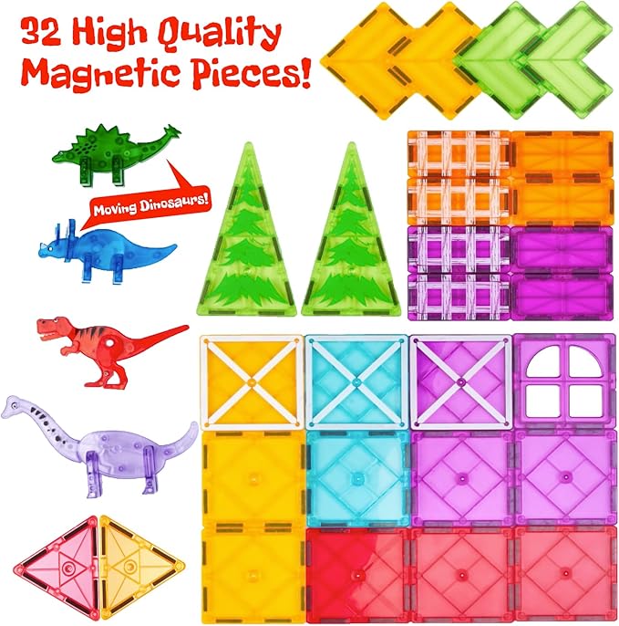Magnetic Tiles 32 Piece Set, Dinosaur Toys for Kids 3-5, STEM Building Blocks with Trees and Figures, Educational Construction Set for Boys and Girls
