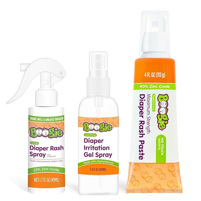Boogie Diaper Rash Baby Bundle – Rash Spray, Extra Strength Paste, and Irritation Gel Spray – Diaper Bag Essentials for Newborns, Infants, & Toddlers, Set of 3 Baby Must Haves