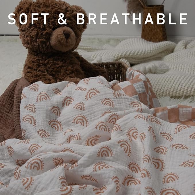 Muslin Swaddle Blankets for Newborn, 3 Pack Breathable Soft Receiving Blanket, Large 38 x 40 inches Swaddle Wrap Burping Clothes Diapers, Essentials Infant Shower Items, Toddler Gift (Rainbow & Grid)