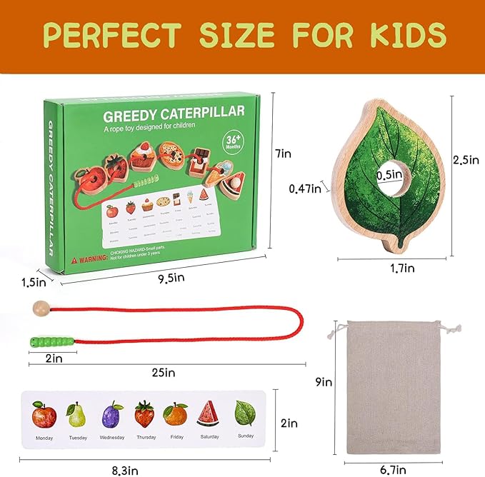 2025 New Upgrade Wooden Greedy Caterpillar Rope Toy,Greedy Caterpillar Lacing Toy,Threading Toys,2.5 in Fruit & Vegetable Caterpillar Lacing Bead String Game for 3+ Year Old