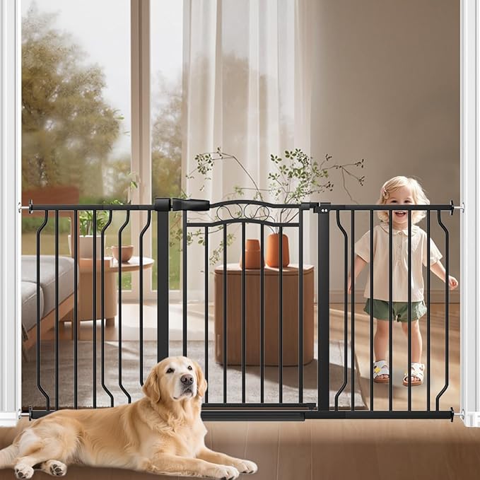 53.1-62.2" Extra Wide Baby Gate for Stairs No Drilling, 30" Tall Auto Close Press Mounted Baby Gate for Doorways, Adjustable Width Walk Through Dog Gates for Doorways, Black