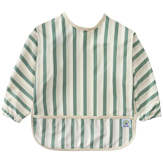 ARI MES Long Sleeves Waterproof Baby Bibs for Eating - Green Stripes, Medium- Wearable, Coverall for Toddler, Long Sleeve Bib, Smock Apron for Feeding - Applicable for 6-72 Months