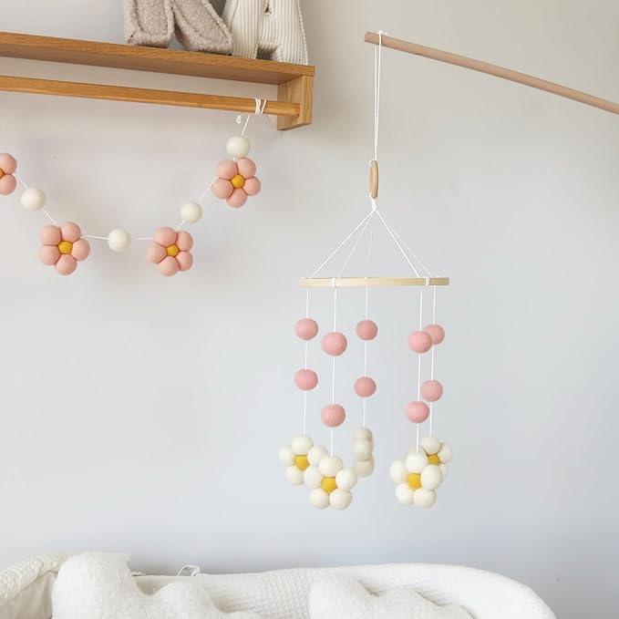Daisy Mobile for Crib Boho Baby Crib Mobile for Girls Pink Felt Flower Baby Mobile for Crib