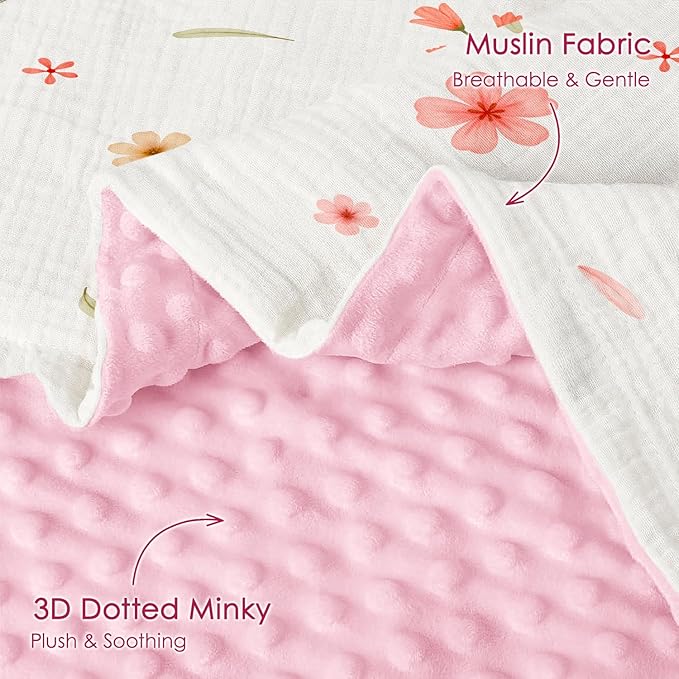 Floral Baby Blankets for Girls Newborn, Soft Nursery Minky Blankets with Muslin and Dotted Fleece Back 30x40 inches, Receiving Bed Quilt for Infants, Toddlers