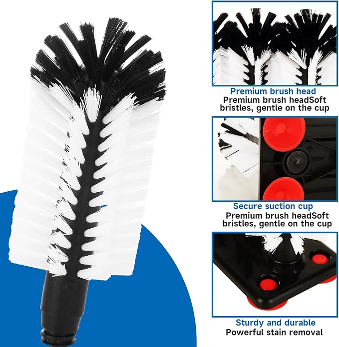 STARVAST 2Pcs Water Bottle Cleaning Brush with Suction Base, Black 3 Head Bristle Bar Glass Washer, Cup Washer Brush Cleaner for Bar Beer Cup, Wine Glass(7.3 x 3.7 x 7.6) Inch