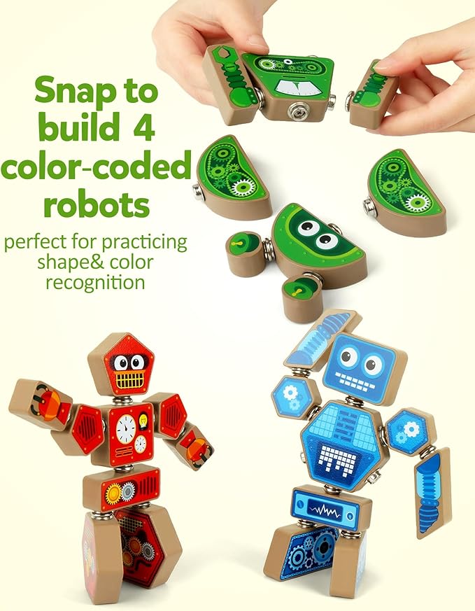 Coogam Snap Together Robot Builders for Toddlers, Wooden Take Apart Robot Build Block Playset, Fine Motor Skill STEM Educational Montessori Toy Gift for 3 4 5 Years Old Kids