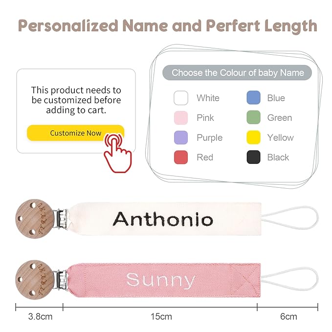 TYRY.HU Personalized Pacifier Clip with Name, Embroidery Pacifier Holder for Baby Girls and Boys, Neutral Binky Clips Universally Fit All Pacifiers & Baby Toys, Baby Gift, 2 Pack(Beige,Pink)