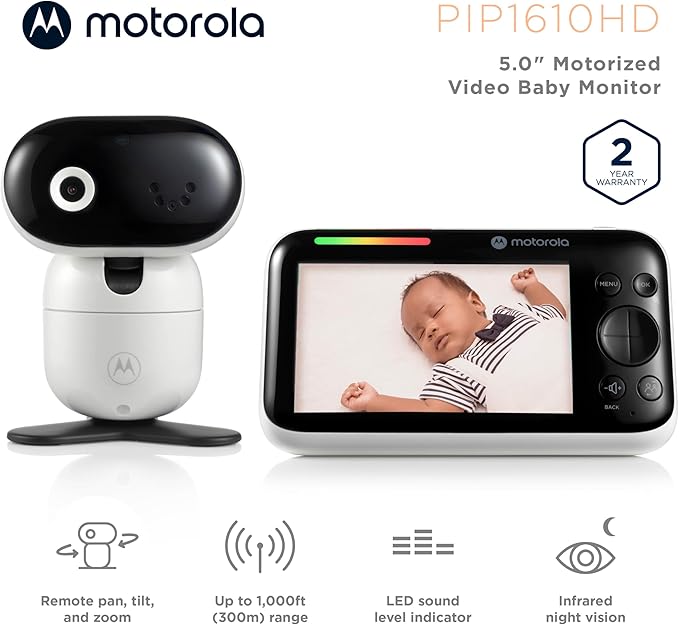 Motorola Nursery Video Baby Monitor with Camera, 5" Screen HD PIP1610, No WiFi, Wall Mount, Long Range, 2-Way Audio, Temperature Sensor, Motorized, Lullabies, Cry Detection