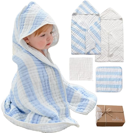 Muslin Hooded Baby Towel 4 Pack, Preuim Muslin 6 Layers Natural Cotton Baby Bath Towels, Soft and Comfortable for Boys,Girls (32 x 32, Blue Striped and White)