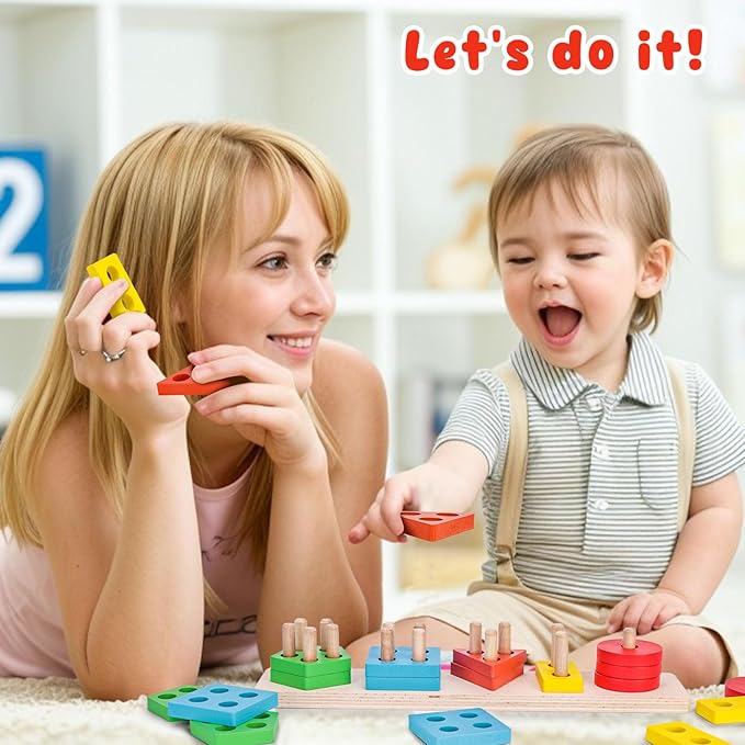 LovesTown Stacking and Sorting Learning Puzzles, Montessori Wooden Sensory Toys for Toddlers, 20 PCS