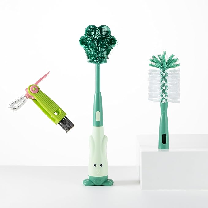 Chemimoso Cup Cleaning Brush, Silicone Baby Bottle Brush with Stand, Large Handle Water Bottle Brush Cleaner Set, with a Tiny Cup Lid Gap Cleaning Brushes Kit, Pawprint, Green