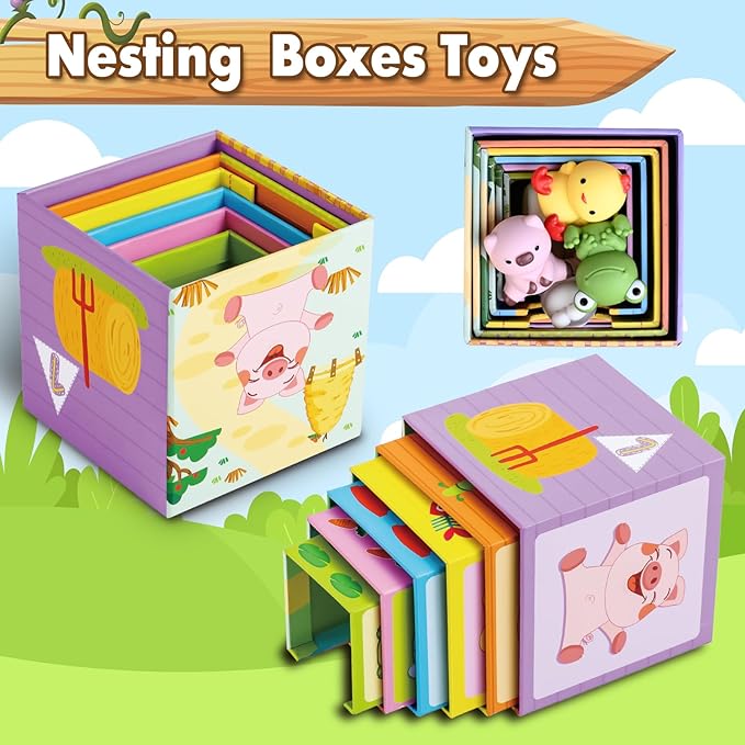 Toddler Farm Animal Sorting and Stacking Toys, Nesting Boxes and Blocks With Finger Puppets - Gifts for 1-3 Year Olds