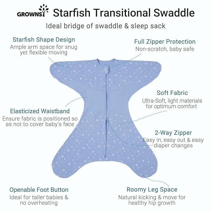 GROWNSY Transitional Swaddle Sleep Sack 3-6 Months, Starfish Design Baby Swaddle Sack, Dual-Zipper for Easy Diaper Changes, Proper Hip Development & Openable Foot Button, 12-20lbs, Blue