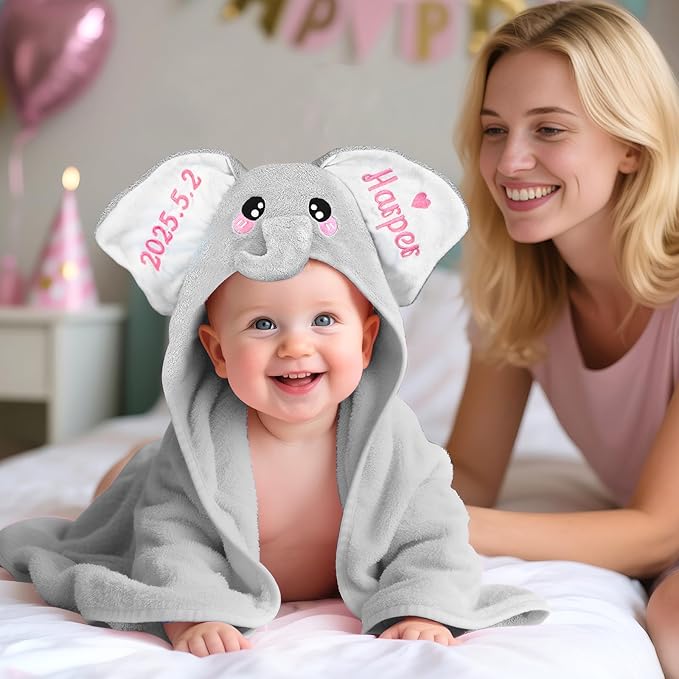 Custom Hooded Baby Towel with Name, Personalized Soft Absorbent Elephant Bath Towel, Shower Towels for Girls Boys, Easter Brithday for Kids Baby, Toddler, Newborn Essential