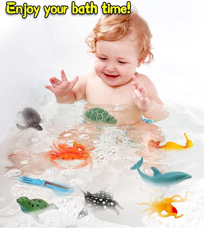 Ocean Sea Animal Figures, 12 Pack Realistic Soft Plastic Bath Toys for Toddlers, Kids, Boys, and Girls