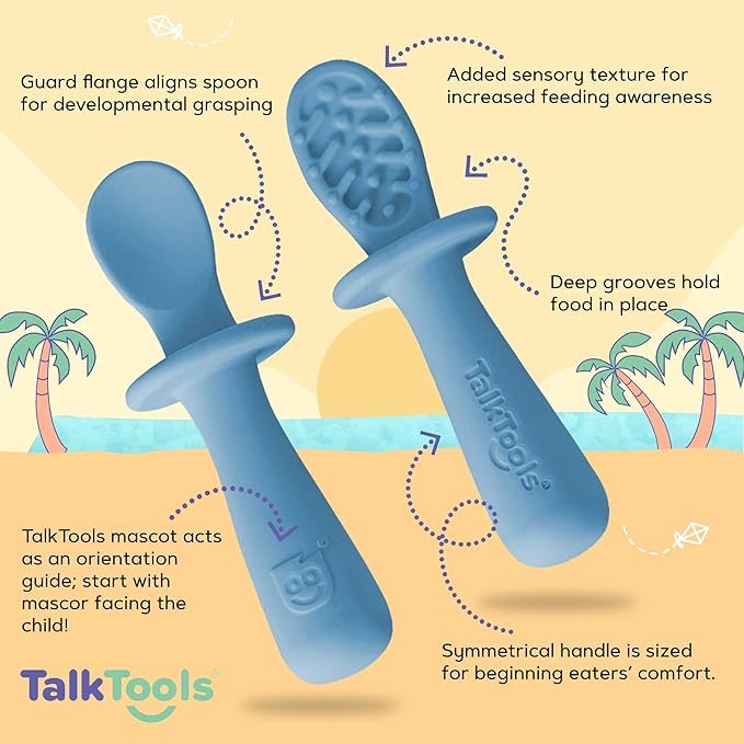 TalkTools ITSY Silicone Baby Plates Set with Suction – Feeding Essentials for Toddlers 6–12 Months+ | BLW Mealtime Set with Twin Spoon, Spill-Proof Sippy Cup | Self-Feeding Utensils (Ocean)