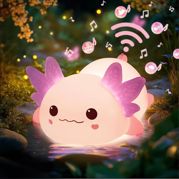 Huggwaii Squishy Axolotl Night Light for Kids, 4 Soothing White Noise Sounds, Dimmable Silicone Axolotl Lamp Toddler Light, Upgraded Rechargeable Animal Nightlight ,Baby Gifts & Girls Room Decor