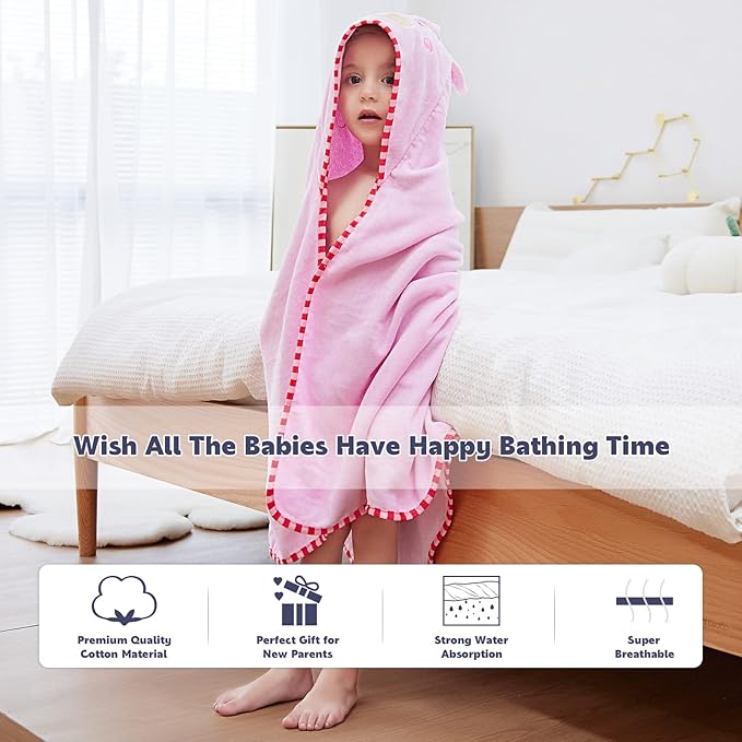 MICHLEY Animal Face Hooded Baby Towel Cotton Bathrobe for Boys Girls 0-6 Year Light Pink