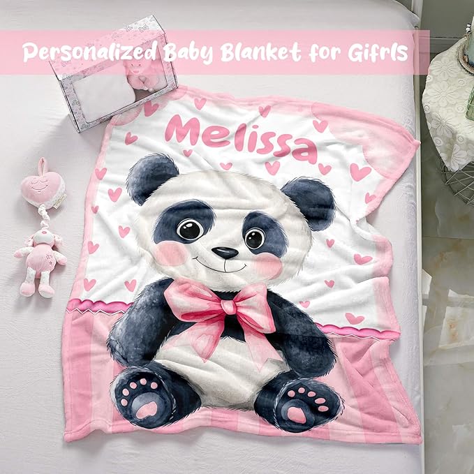 Personalized Baby Blanket for Girls, Custom Baby Blanket with Name, Soft Cozy Personalized Name Blankets for Kids, Customized Panda Blanket for Infant Toddler Birthday Christmas