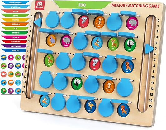 Coogam Memory Matching Game, Wooden Board Travel Toy with Memory Cards, Essential Activity for Road Trip Airplane/Car/Camping, Fine Motor Educational Gift Toy for 3 4 5 Year Old Kids
