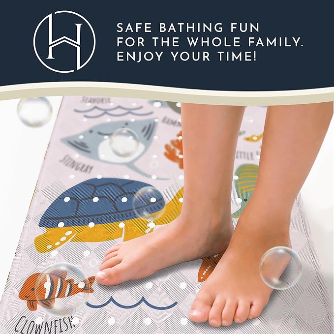 Homerella Baby Bath Tub Mat | Anti Mold Mildew Resistant Non Slip Kids and Adult Bath Tub Shower Mats | 40x16 inch Long with Suction Cups for Secure Grip Hooks for Storage & Drying | Machine Washable