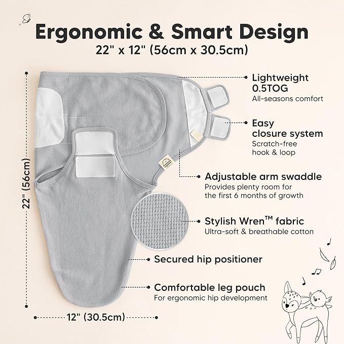 3-Pack Organic Swaddles for Newborns, Baby Sleep Sacks 0-3 Months - Baby Swaddle Wrap, Newborn Wearable Blanket, Infant Sleep Sack for Girls, Boys, Soft & Snug, Large Hook & Loop Closure (Granite)