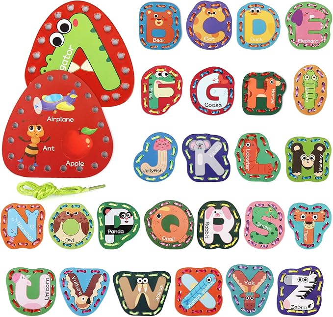 Vodolo 26pcs Lacing Cards,Travel Sewing Kit for Kids,Lacing Letters Sequencing Cards Threading Toy,Double Sided Sewing Cards Fine Motor Skills Threading Learning Toys,Classroom Must Haves Supplies