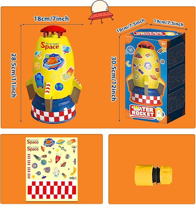 Water Rocket Sprinkler for Kids, Outdoor Sprinkler Rocket Launcher Toy for Backyard, Summer Water Toys for Kids Ages 3-12, Fun Water Powered Rocket Toy (Yellow-4)