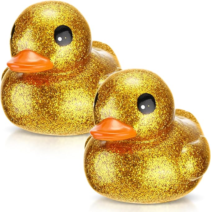 Honoson 2 Pcs 6.89 Inch Giant Glitter Rubber Ducks Big Sparkly Rubber Ducks Jumbo Bathtub Toys with Squeaky Sound for Baby Shower Pool Activity Birthday Gift(Glitter,Gold)