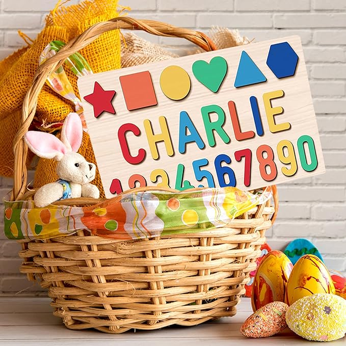 Name Puzzle for Kids Personalized, Wooden Shapes Name Puzzles for Toddlers 1-3, Engraved Text Greetings on Back, Custom Baby 1st Birthday Gifts for Girl&Boy, Kids Sensory Toys (Numbers Name Puzzle)