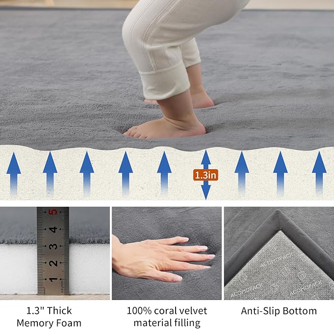 ACOMOPACK Baby Play Mat for Floor,1.3" Thick Memory Foam Area Rug for Living Room,Soft Velvet Crawling with Non-Slip Bottom for Kid,Toddler,39"×59" Tummy Time Nursery Rugs,Yoga（Dark Grey）