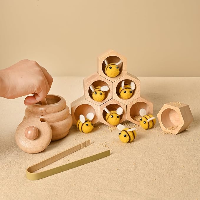 2pcs Wooden Beehive Toys with lid and Honey Stick, Sorting Stacking Toys for Toddlers Montessori Wooden Toy for Toddlers, Sensory Bin Toys for 3 4 5 Years Old